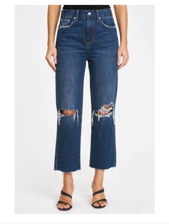 pistola Denim - Pistola Cassie High Rise Straight Leg Cropped Distressed Jeans 26 Dark Wash